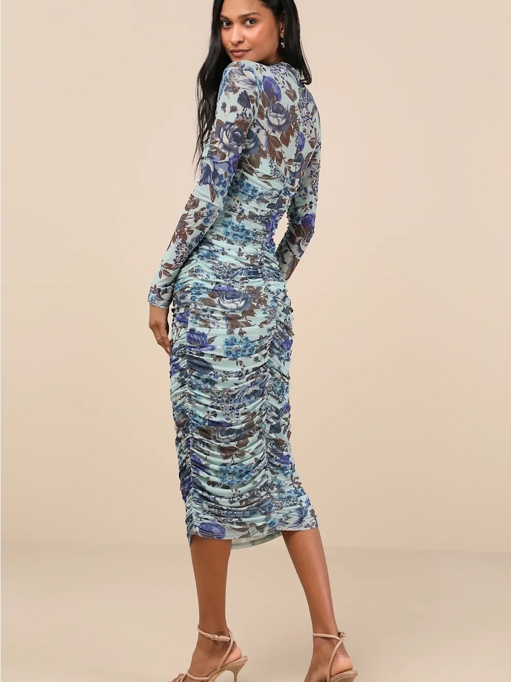 Lulu's Impressive Flirt Blue Floral Mesh Ruched Mock Neck Midi Dress - Picture 4 of 4